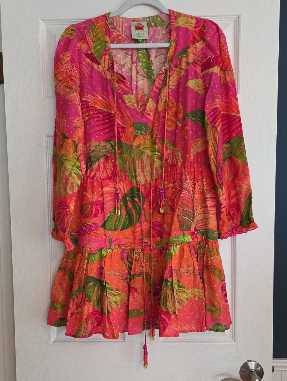FARM Rio Pink and Green Tropical Leaf Tiered Dress